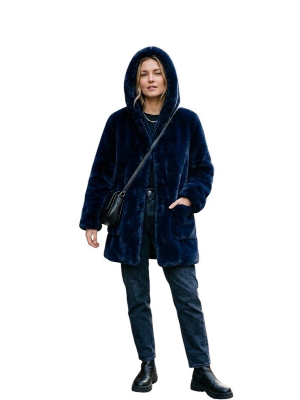 APPARIS Goldie Navy Blue Faux Fur Hooded Coat Jacket Size S Small Plush Winter